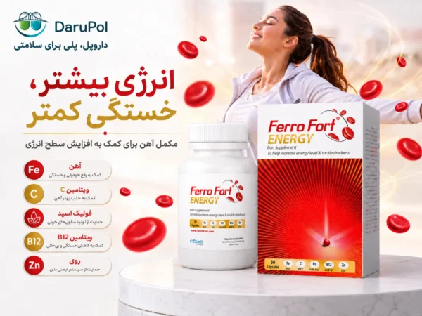 «پوستر تبلیغاتی مکمل آهن فروفورت انرژی با جعبه و قوطی محصول، المانهای انرژیبخش قرمز، نمایش حس افزایش انرژی و کاهش خستگی، همراه با شعار داروپل؛ پلی برای سلامتی»