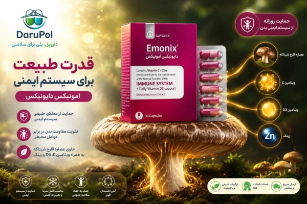 تصویر تبلیغاتی کپسول امونیکس دایونیکس روی قارچ شیتاکه با نمایش ترکیبات کلیدی شامل ویتامین C، ویتامین D3 و زینک، نماد حمایت از سیستم ایمنی و قدرت طبیعی بدن