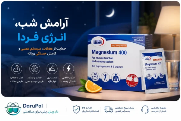 بنر تبلیغاتی منیزیم 400 یوروویتال با فضای آرامش‌بخش شب، مناسب کمک به خواب، عملکرد عضلات و سیستم عصبی