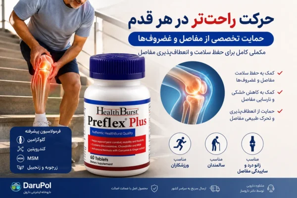 مکمل مفاصل پرفلکس پلاس هلث برست برای کمک به کاهش خشکی مفاصل، حمایت از تحرک روزانه و حفظ سلامت زانو و غضروفها در افراد میانسال، سالمندان و افراد دارای فعالیت بدنی بالا.