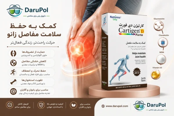 کارتیژن دی فورت نیچرز اونلی در کنار نمای گرافیکی زانوی انسان با ناحیه مفصل درخشان و برجسته، حلقههای آبی انرژی اطراف زانو، نمایش ترکیبات گلوکزامین، کندرویتین، MSM و ویتامین D3، با تاکید بر حفظ سلامت مفاصل، حمایت از غضروفها و کمک به حرکت راحتتر، همراه با لوگوی داروپل، شعار «داروپل پلی برای سلامتی» و آدرس www.darupol.com.