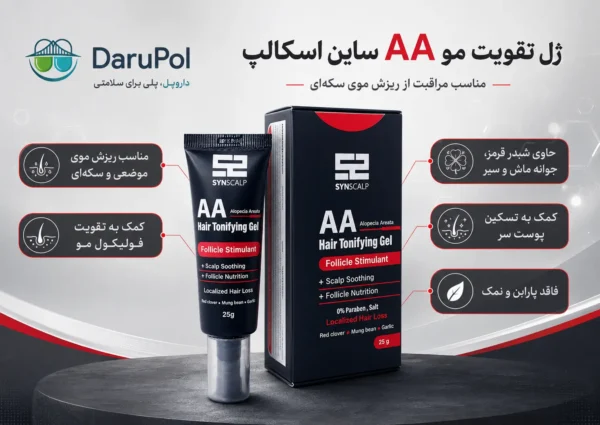 پوستر ویژگی‌های ژل تقویت مو AA ساین اسکالپ برای ریزش موی سکه‌ای