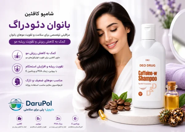 **آلتتکست:** شامپو کافئین بانوان دئودراگ در کنار مدل با موهای سالم و پرپشت.