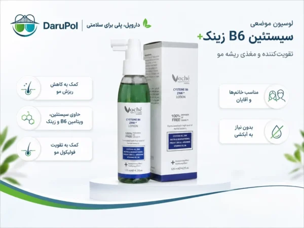 پوستر ویژگی‌های تونیک ضد ریزش مو سیستئین B6 و زینک وچه