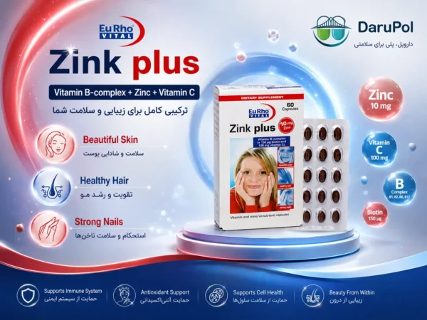 بنر تبلیغاتی زینک پلاس یوروویتال با طراحی مدرن و نورپردازی آبی و قرمز، نمایش جعبه و بلیستر محصول، تأکید بر زینک، ویتامین C، بیوتین و B کمپلکس برای کمک به سلامت پوست، مو، ناخن و سیستم ایمنی.