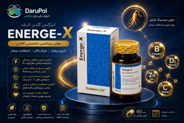 مولتی ویتامین تخصصی آقایان انرژکس گلدن لایف با جینسینگ کرهای، ویتامینهای گروه B، ویتامین D3 و زینک در فضایی لوکس آبی و طلایی، با افکت انرژی، تمرکز و استقامت بیشتر، مناسب برای کاهش خستگی روزانه و حفظ سلامت عمومی آقایان.