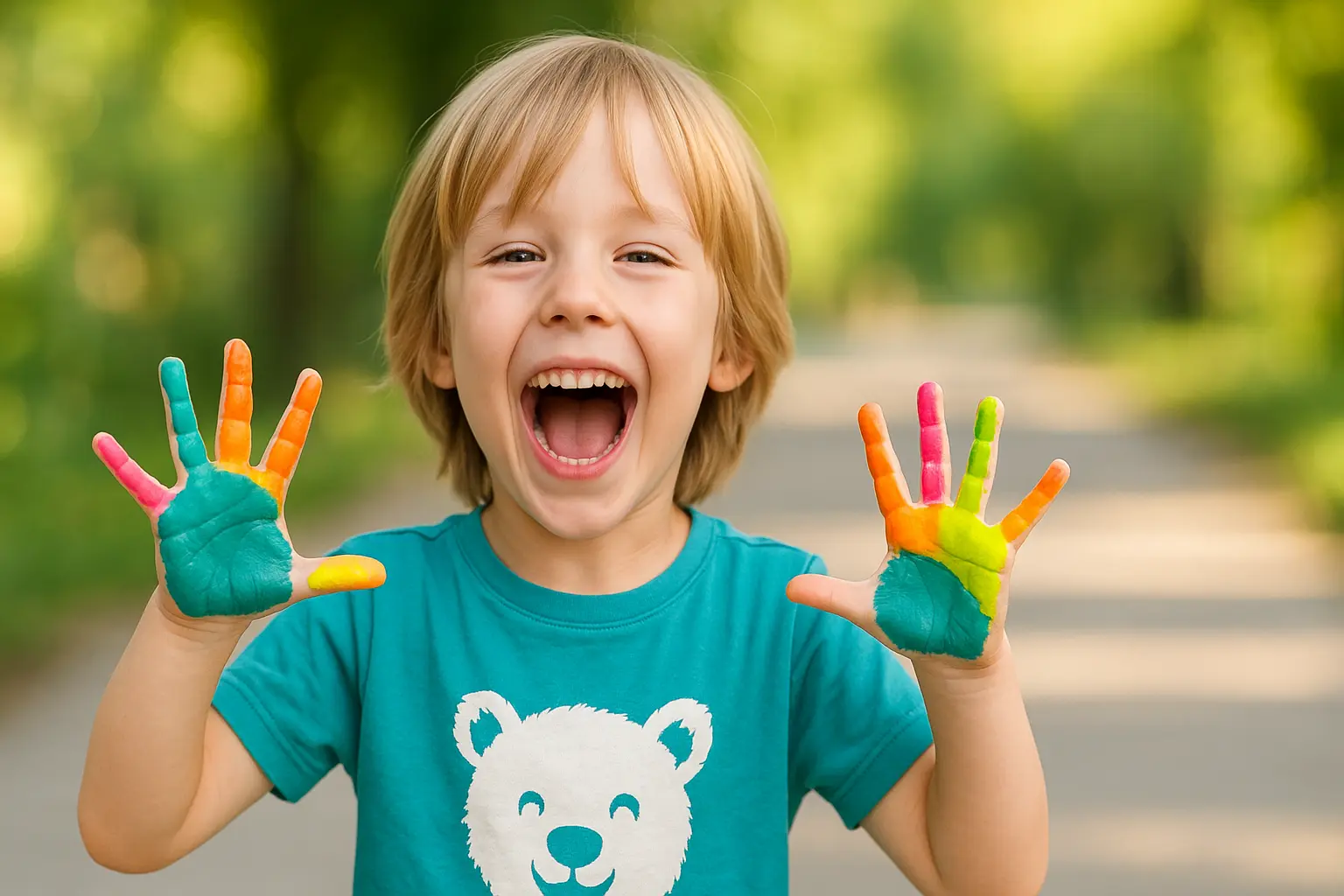 کودک دارای adhd با دستان رنگی در حال فریاد زدن. کودک دارای adhd با دستان رنگی در حال فریاد زدن.
