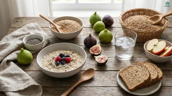 مواد غذایی پرفیبر شامل غلات سبوس‌دار، میوه، دانه چیا، نان سبوس‌دار و آب برای پیشگیری از یبوست