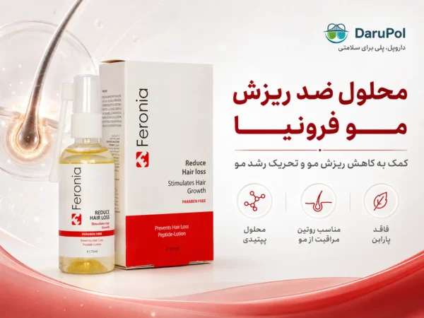 پوستر ویژگی‌های محلول ضد ریزش و مکمل رویش مو فرونیا
