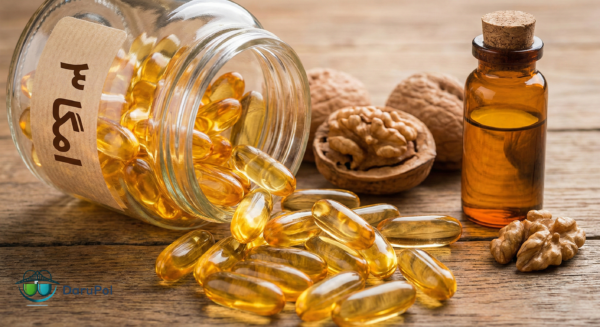 کپسول‌های ژلاتینی نرم امگا ۳ بیرون ریخته از ظرف برای تغذیه بافت چشم و رفع خشکی درونی