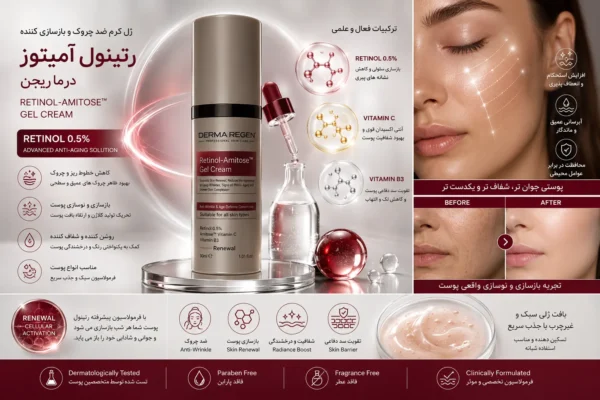 ژل کرم رتینول درماریجن جهت شفاف کنندگی و لایه برداری پوست صورت.